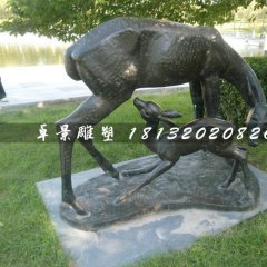 母子鹿銅雕，公園動物銅雕