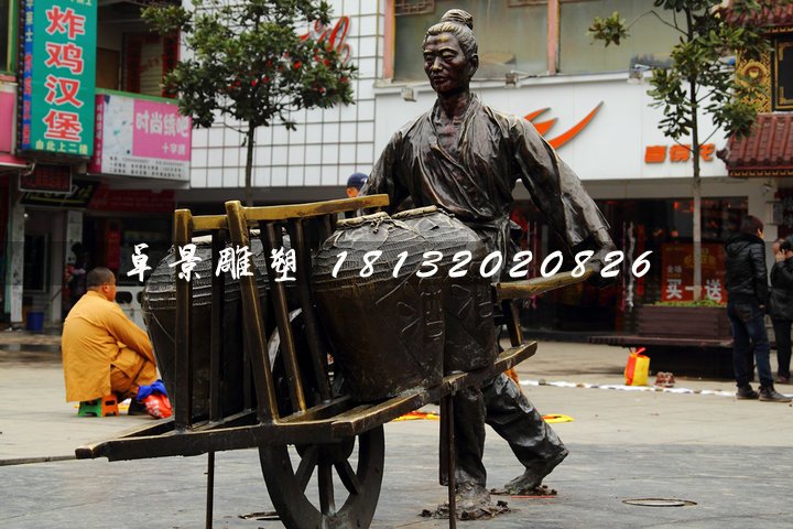 獨(dú)輪車銅雕，街頭古代人物雕塑